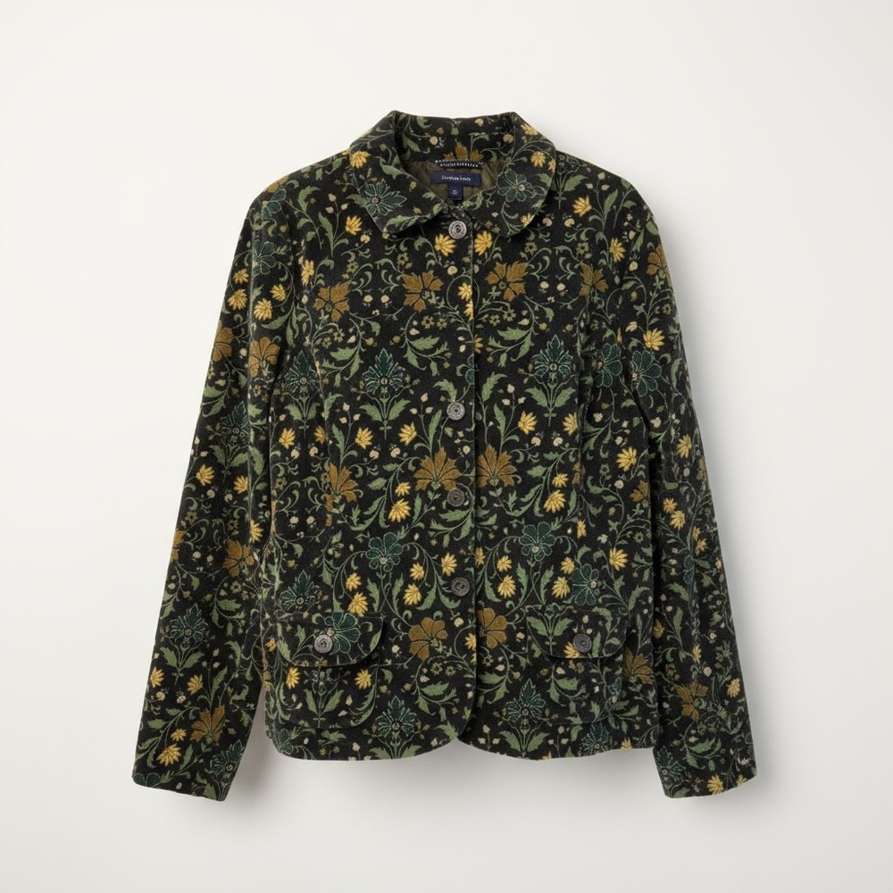 Lands End Blazer Jacket‎ Women's L Velvet Floral Print Button Front Cottagecore